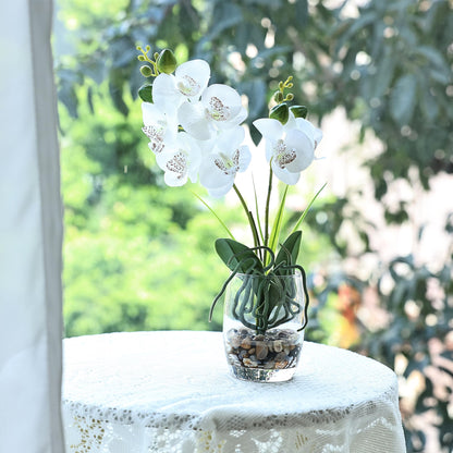 Jusdreen White Orchid Centerpiece in Glass Vase, 14.5 Inch Artificial Phalaenopsis with Potting for Home Office Decor, Table Centerpiece
