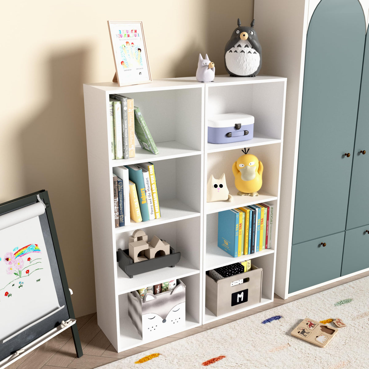 NewBeth Wooden 4 Cube Storage Organizer, 4 Tier Tall Modern Bookshelf Freestanding Storage Display Organizer, Versatile Cubes Shelf and Cubby Unit for Living Room, Bedroom, Home Office 15.7inch