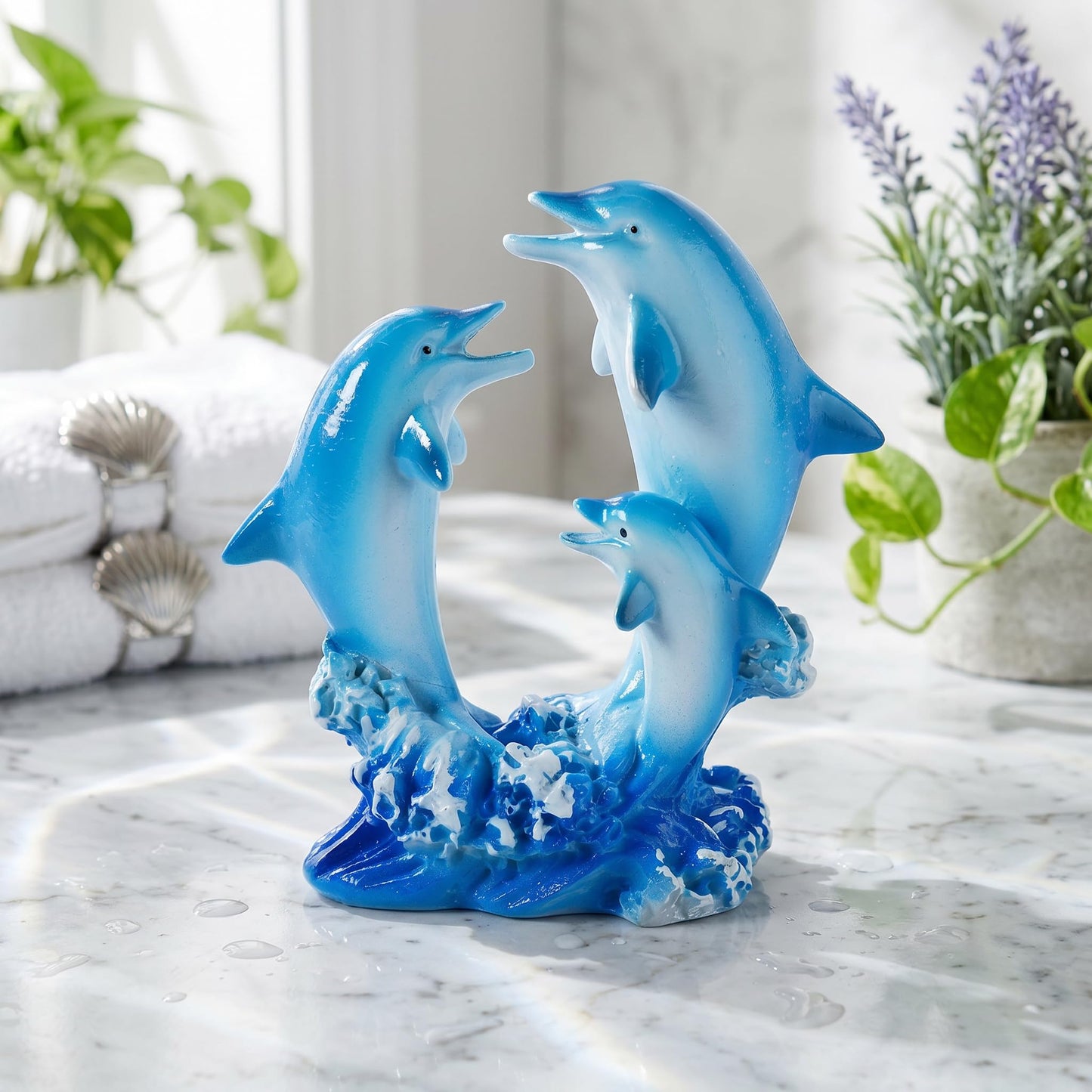 Brizoria Dolphin Decor Dolphin Statue Three Jumping Dolphins on Ocean Wave Base Gradient Blue Resin Coastal Tabletop Figurine for Ocean Bathroom Decor andOcean Room Decor
