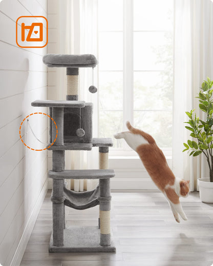 Feandrea Cat Tree, 143 cm Multi-Level Plush Cat Condo with 4 Scratching Posts, 2 Perches, Cave, Hammock, Pompoms, Light Grey