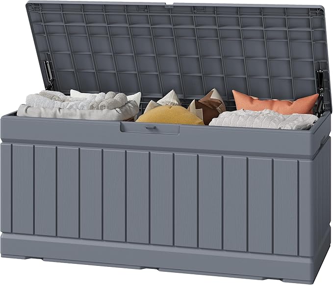 Greesum Outdoor Storage Box 82 Gallon Storage Bin with Lid for Patio Furniture, Garden Tools, Pool Supplies, Waterproof and UV Resistant, Lockable, Gray