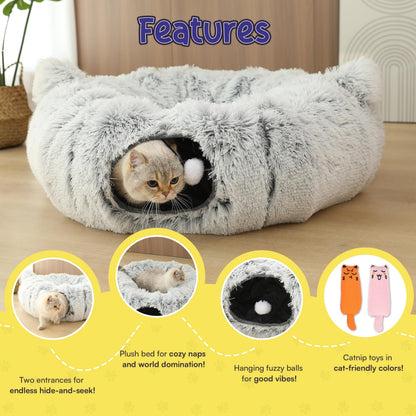 PurrPuff Cat Tunnel Bed Cave with Catnip Toys - Peekaboo Cat Hideaway & Cat Donut Tunnel - 3-in-1 Cat Tunnels for Indoor Cats - Foldable Cute Cat Bed - 32" Washable