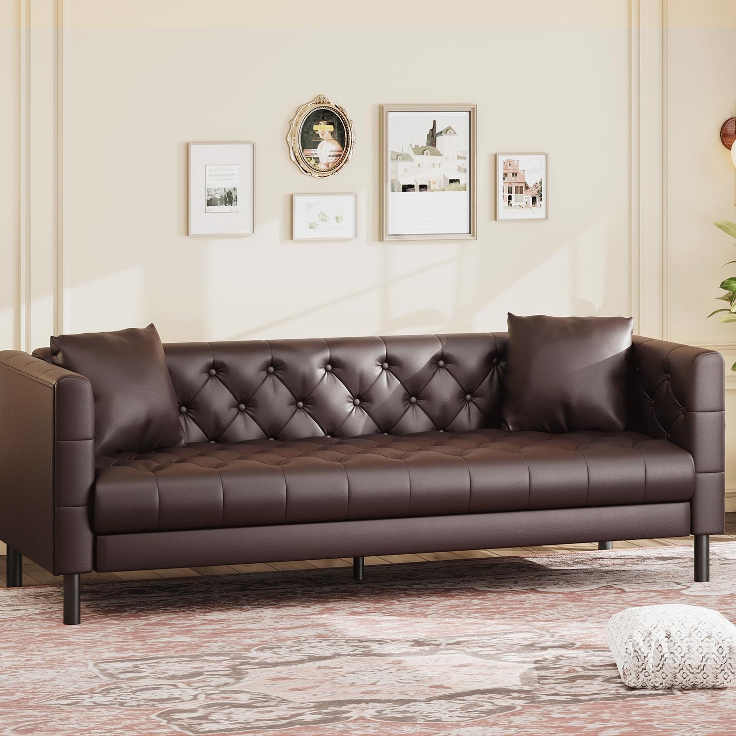 GAOMON 81" Leather Couch, Handmade Button Tufted 3 Seater Sofa, Chesterfield Sofa with Deep Seat and 2 Pillows, Leather Sofa for Living Room Apartment, Office, Dark Brown