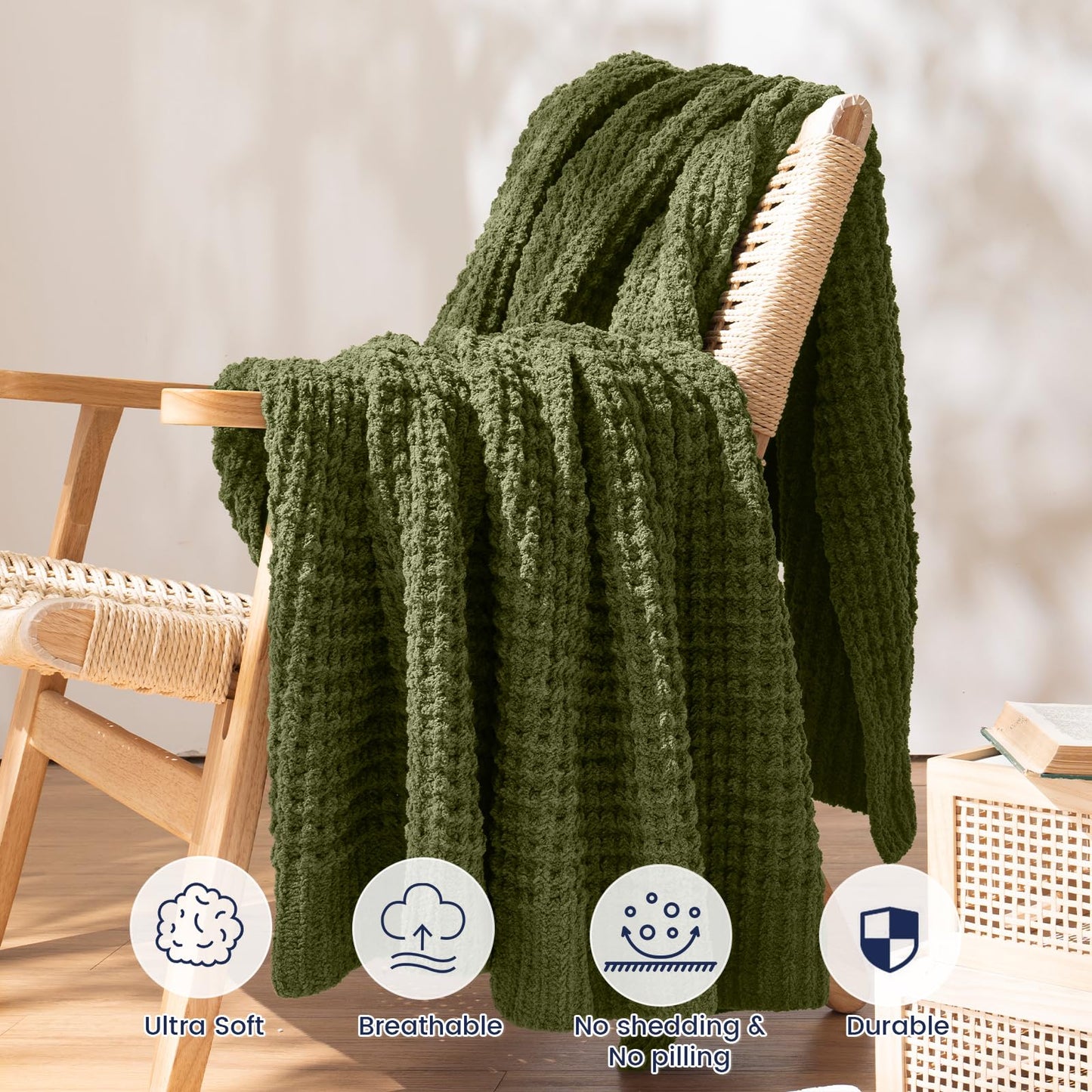 PHF Chenille Waffle Knit Throw Blanket- Plush Warm & Cozy 50" x 60" Ultra Soft Blanket- Chunky Fluffy Waffle Throws for Couch Bed Sofa - Olive Green