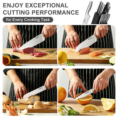 FIKSHOT Kitchen Knife Set, German Stainless Steel kitchen knives – Includes Knife Block Set & Sharpener, High Carbon, Rust-Resistant, Ergonomic Handle for Cooking, Grilling & Gifting