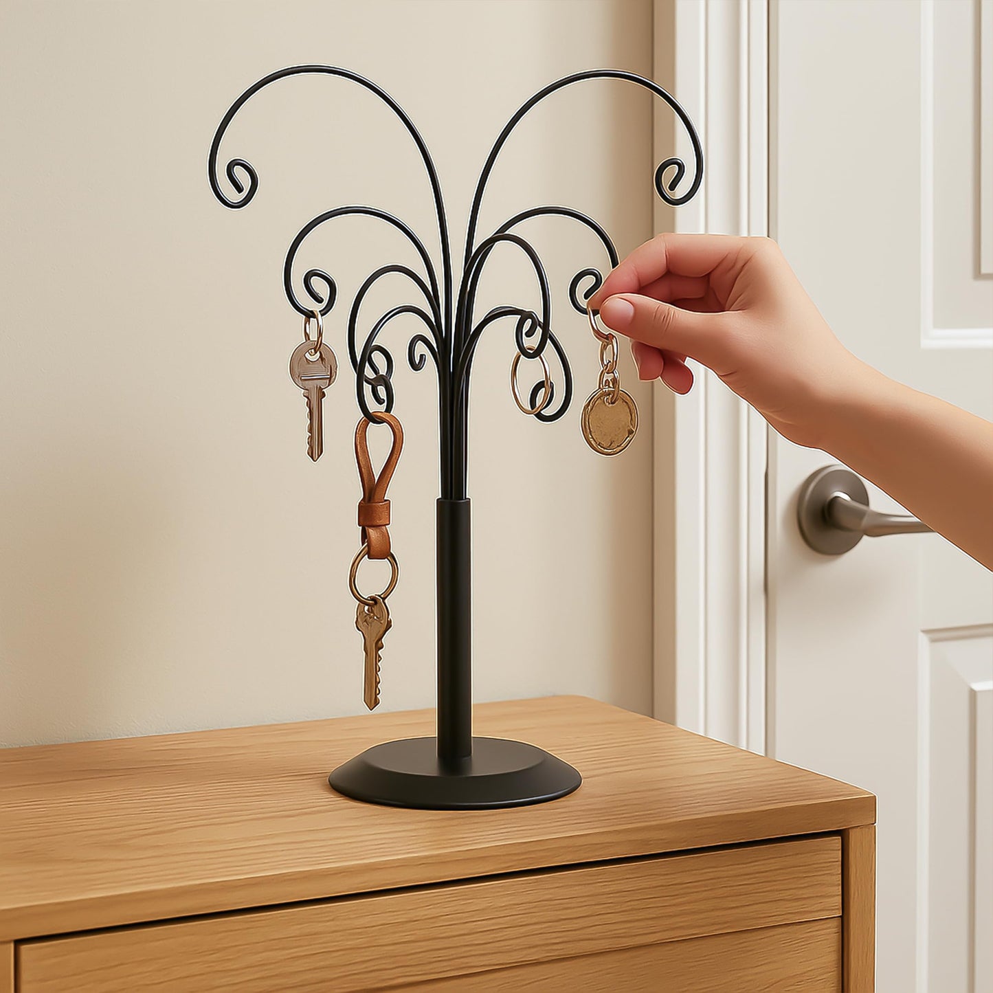 Ornament Tree Display Stand Wire Tree – 10.6 Inch Black Rotating Wrought Iron Tabletop Holder with Multiple Hooks for Hanging Glass Ornaments, Balls, Jewelry, and Small Craft Items – Decorative Rack