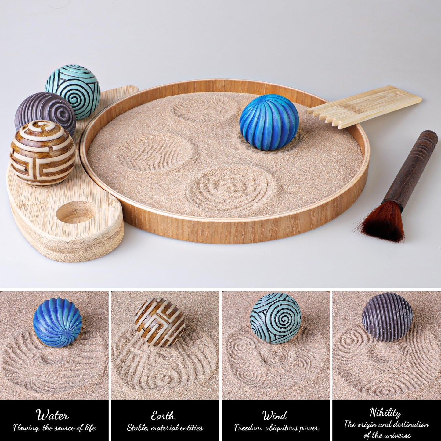 Melonva Mini Zen Garden for Desk - 9.5''x9.5'' Automatic Desk Sand Tray Therapy Kit with 4 Stamp Spheres
