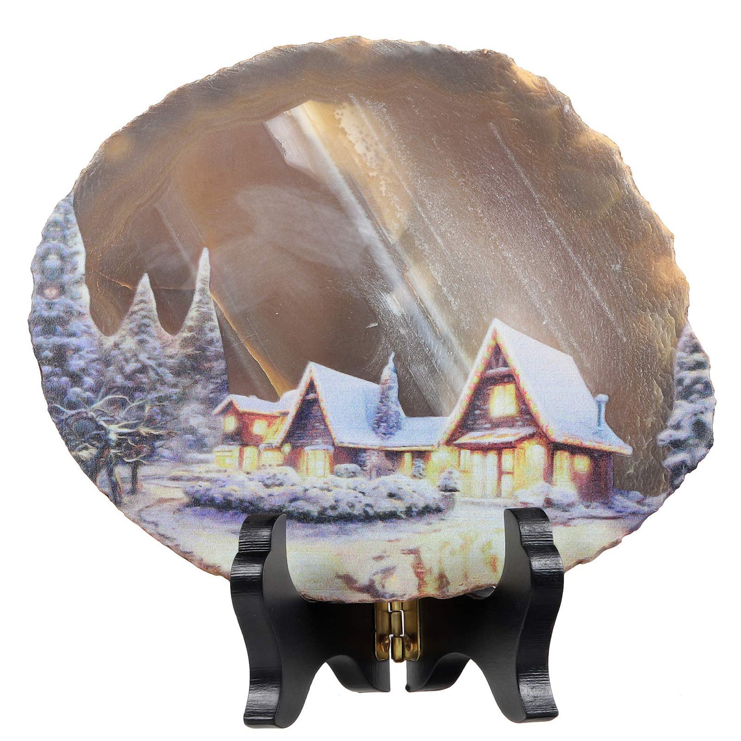 mookaitedecor Natural Agate Slice Art Print Village Life Figure Table Display with Wooden Stand, Irregular Agate Geode Stone Figurine for Office & Home Decoration