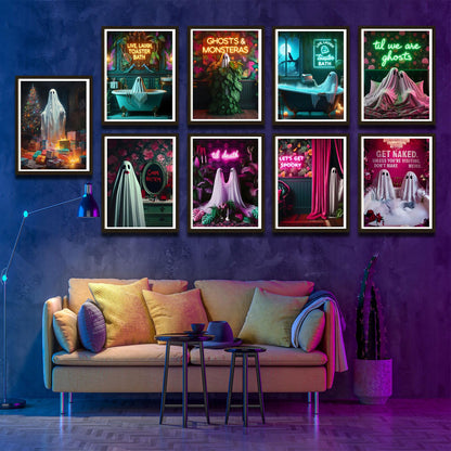 9Pcs Halloween Ghosts Canvas Wall Art Fashion Funny Gothic Romantic Couple Cute Ghost Wall Decor Pictures Horror Creepy Dark Academia Posters Prints for Modern Home Hotel Room Decoration Unframed