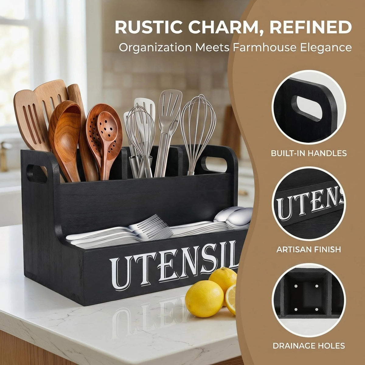 SHAXIXI Wooden Utensil Holder Kitchen, Country Style Cutlery Holder With Drainage Holes In The Bottom (Black)