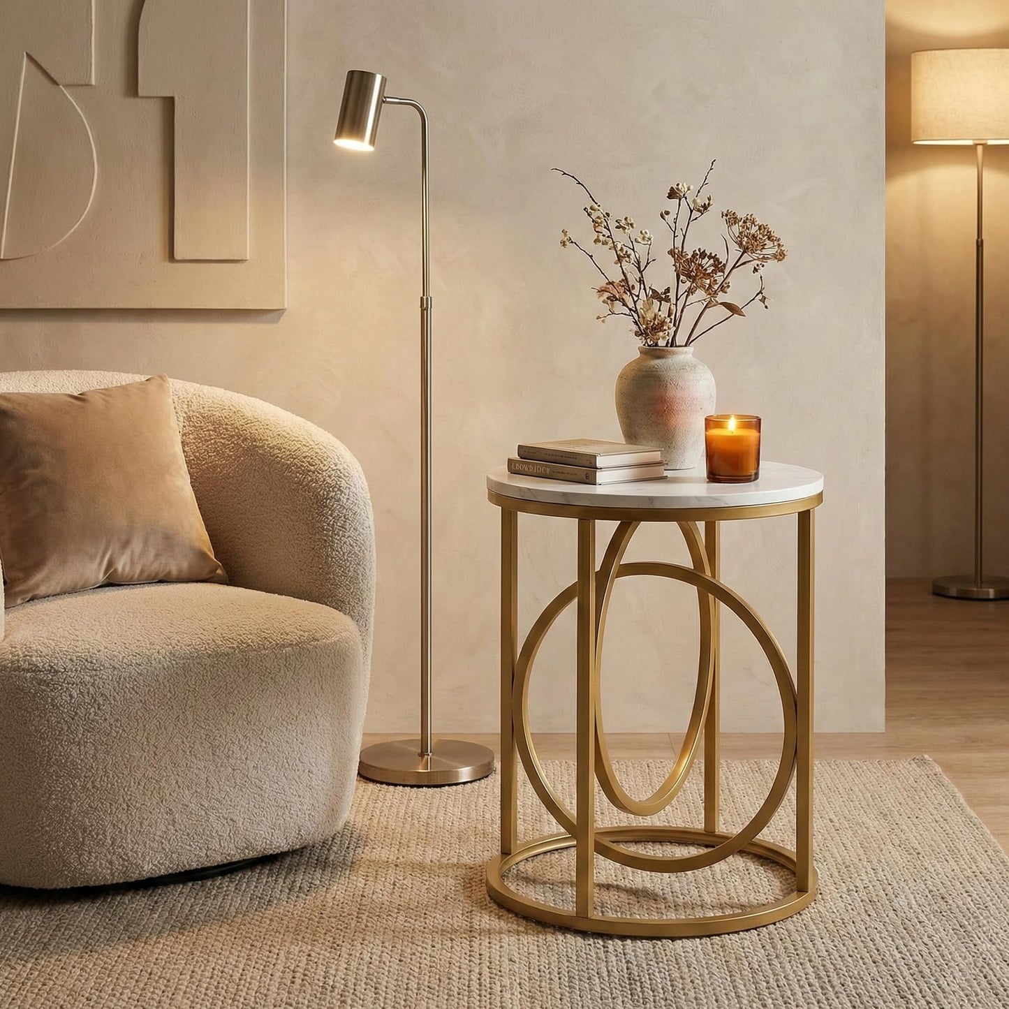 LITTLE TREE 20” Round End Table，Modern Sofa Side Table with Gold O-Shaped Base, Faux Marble White Cocktail Table Accent Table Nightstand for Living Room Bedroom, 2PCS