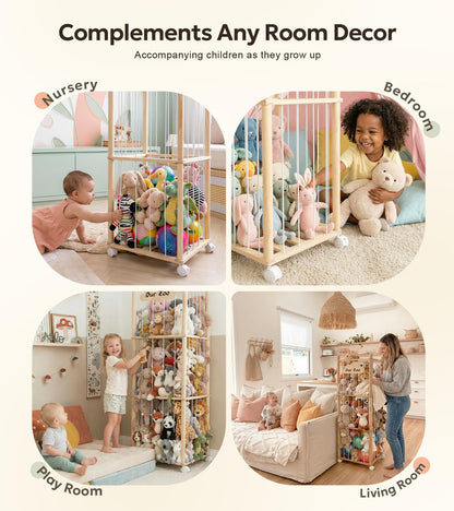 Mallify Stuffed Animal Storage, 54 Inch Wooden Stuffed Animal Zoo with Brake Wheels, Large Capacity Plush Toy Organizer for Nursery Playroom Bedroom