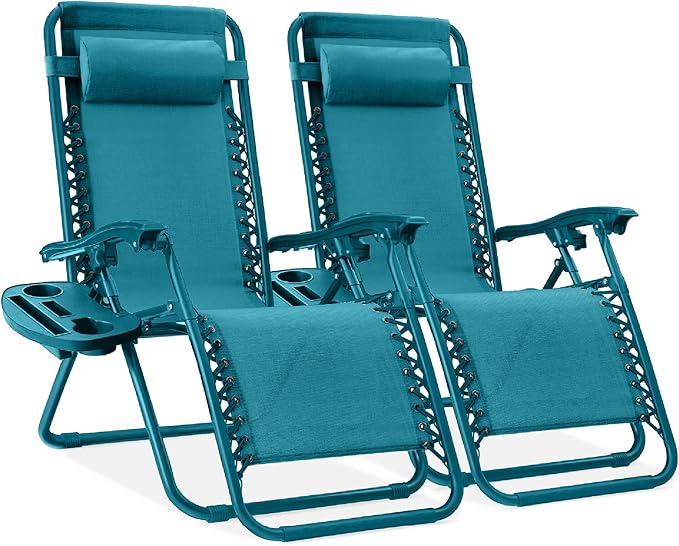 Best Choice Products Set of 2 Adjustable Steel Mesh Zero Gravity Lounge Chair Recliners w/Pillows and Cup Holder Trays - Peacock