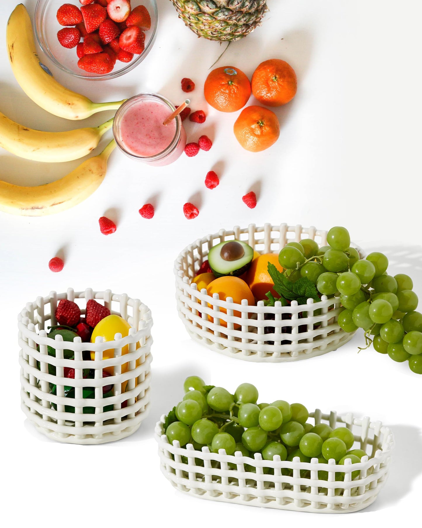 UPWOIGH Large Beige Circular Glazed Ceramic Fruit Basket Bowl, 10.8x3.85in Big Modern Table Decor Handmade Premium Personalized Ceramic Decorative Storage Organizer for kitchen, Breads,Vegetables,Gift