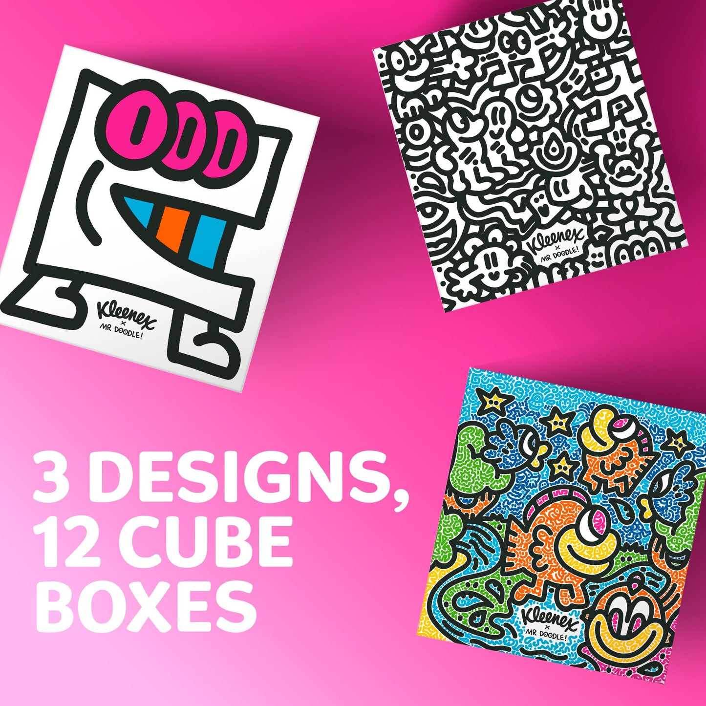 Kleenex x Mr Doodle Limited Edition Design Multipack Facial Tissues - 12 Cube Tissue Boxes, Designed in Collaboration with Mr Doodle, Made to Look Beautiful in The Home.