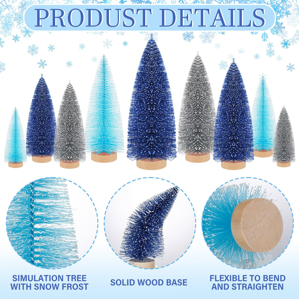 Leyndo 9 Pcs Blue Classic Artificial Mini Christmas Tree Sisal Bottle Brush Trees with Wood Base Christmas Pine Trees for Autumn Winter Holiday Home Kitchen Party Decor