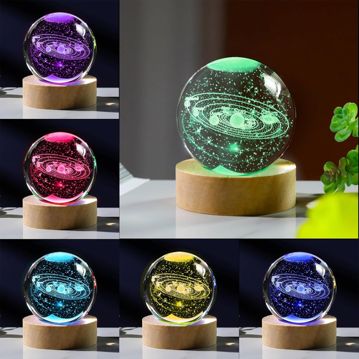 AOFEGRLT Solar System 3D Crystal Ball with LED Stand, Remote Control, 16 Colors Change, Galaxy Glass Sphere Lamp, Decorative Glass Ball Paperweight Gifts(80mm)