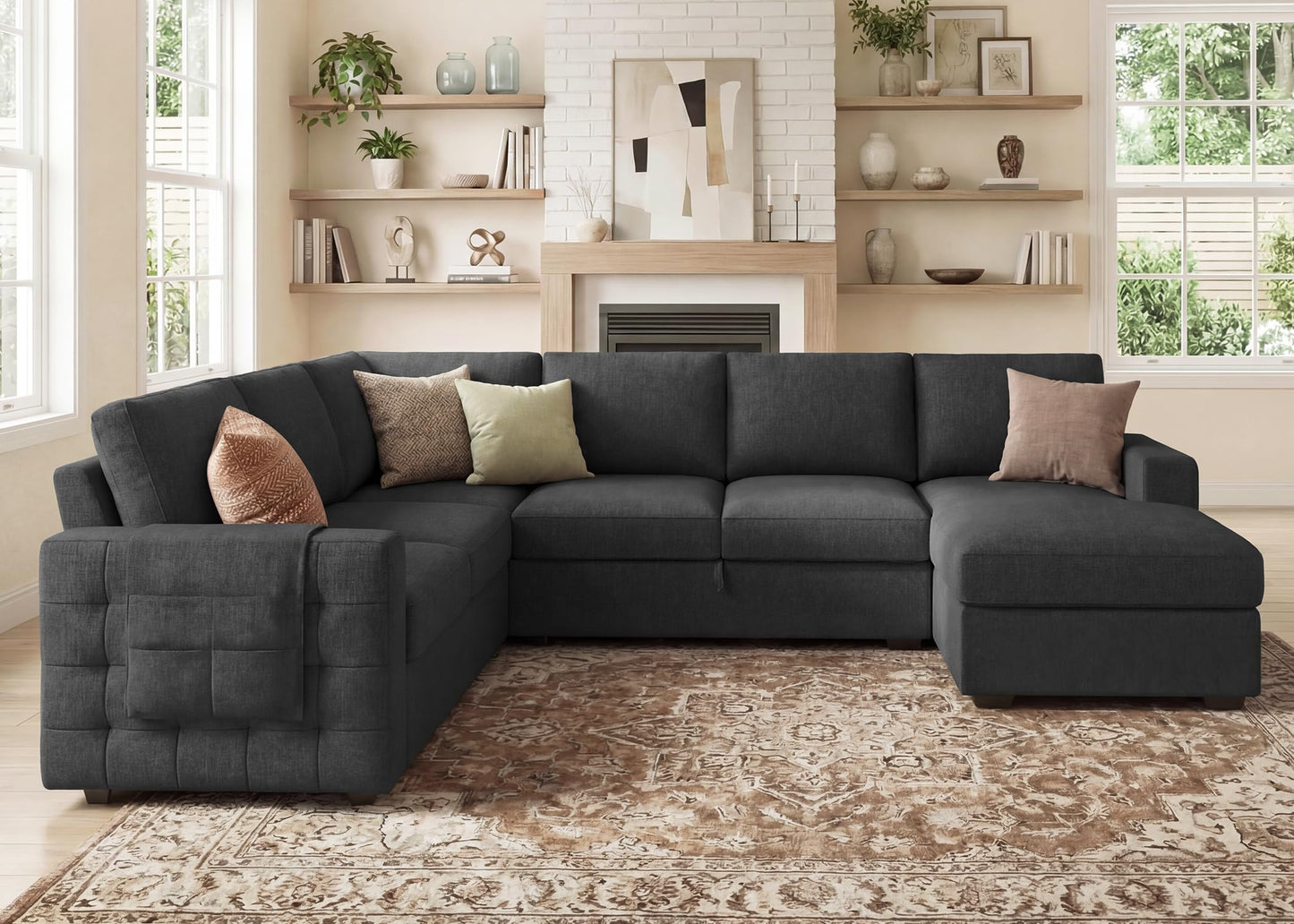 HONBAY Sectional Sleeper Sofa with Pull-Out Bed Storage Chaise, 6 Seater Couch for Living Room, Dark Grey
