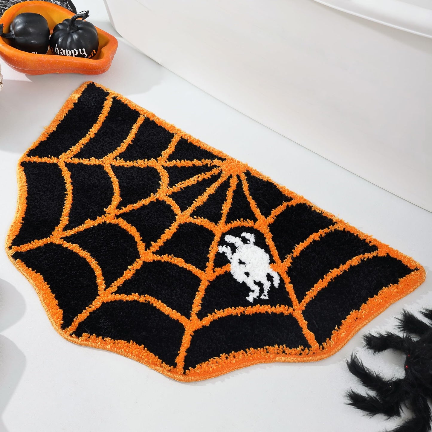 TRUEDAYS Halloween Decor Spider Web Bath Mat for Bathroom, Cute Orange Halloween Decoration Black Half Circle Bath Mat Non Slip Cartoon Shaped Bath Rug Bathroom Mat Plush Shower Rugs Washable