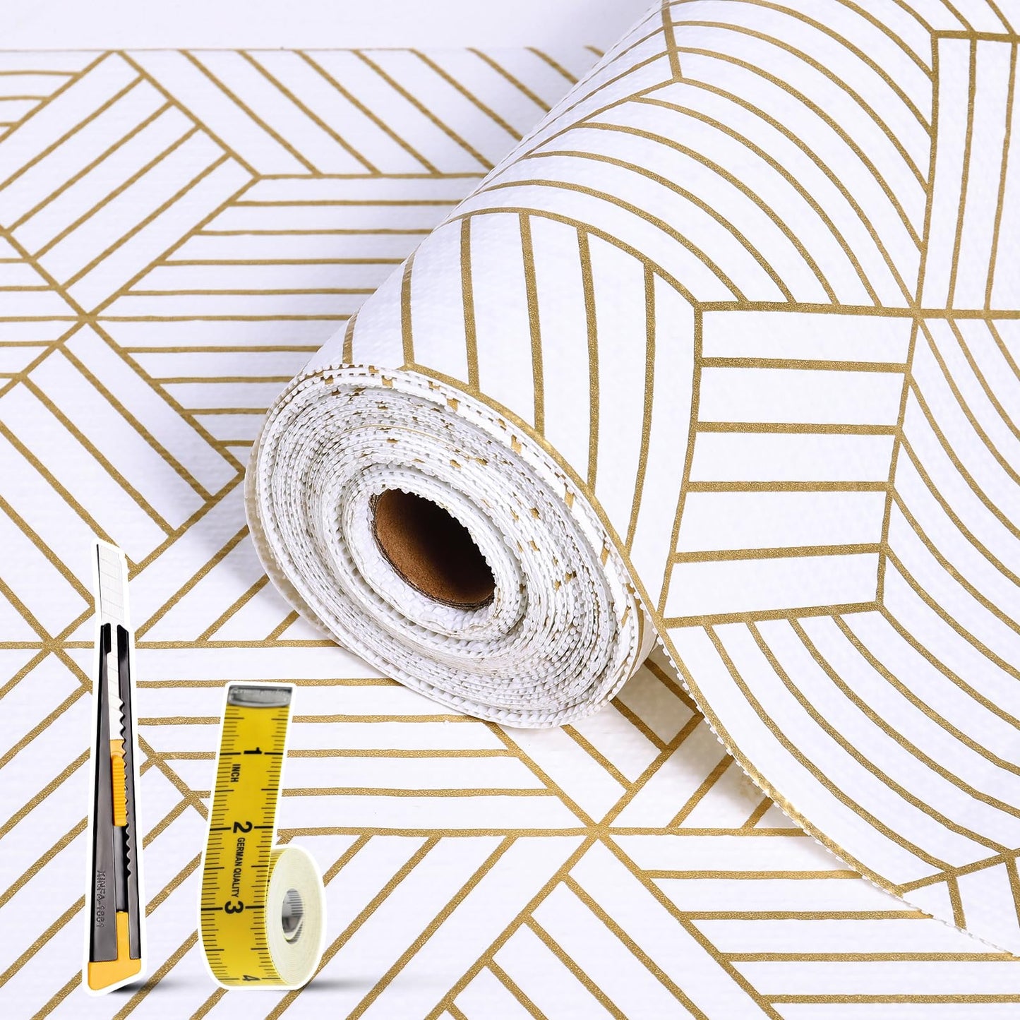 Shelf Liners for Kitchen Cabinets 17in x 30FT, Non Adhesive Cabinet Liner Strong Non-Slip Golden Leaf Drawer Liner, Easy to Clean for Shelf, Cabinet with Knife and Tape Measure