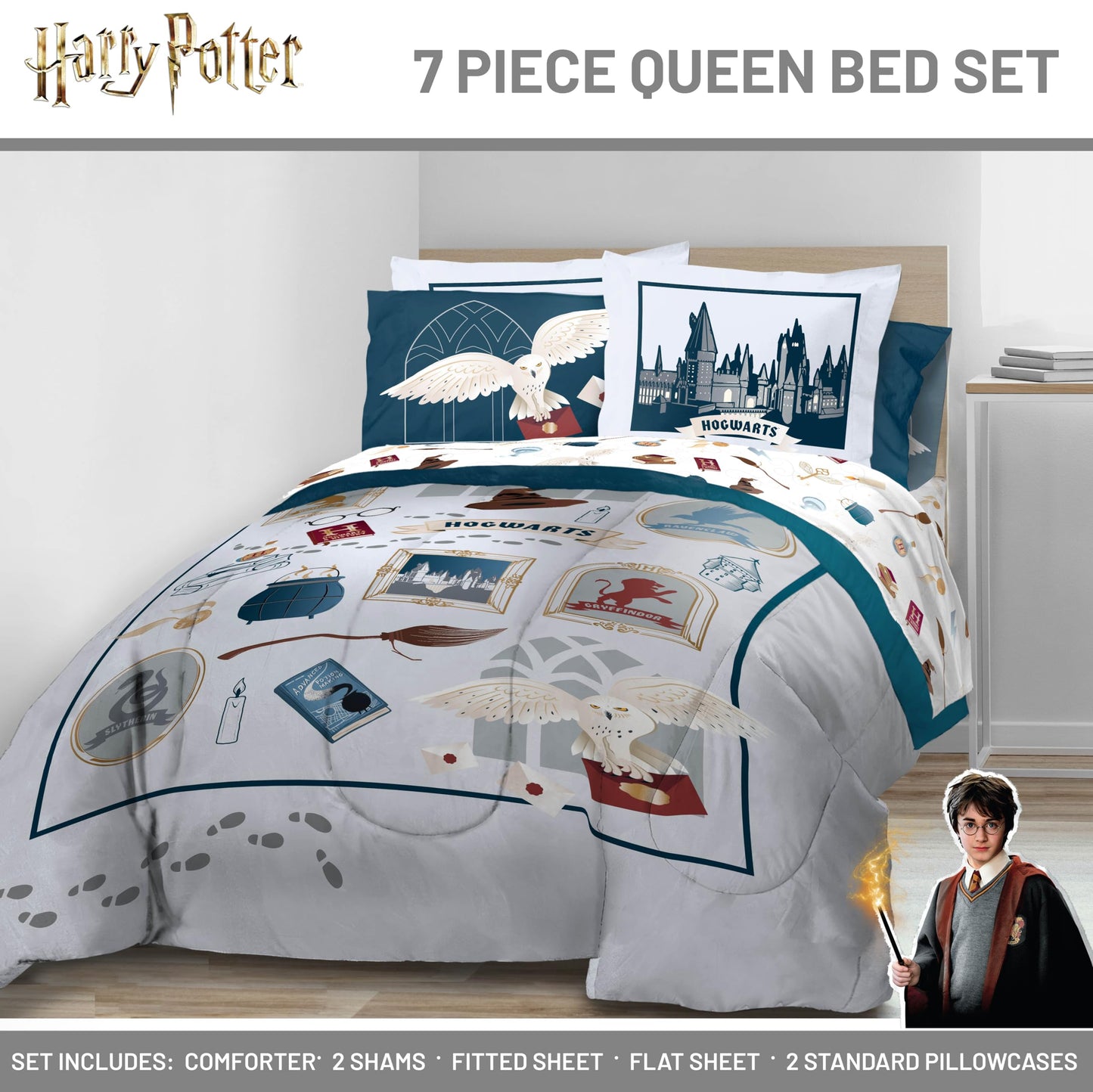 Jay Franco Kids Bed Set, Dark Grey, Harry Potter, 7 Piece Queen
