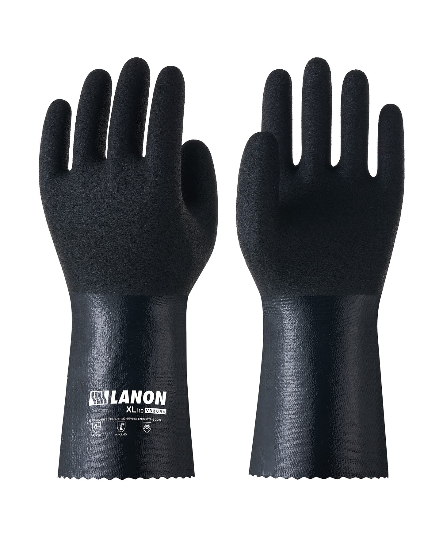 LANON Black Nitrile Chemical Gloves, Reusable Thick Rubber Gloves, Heavy Duty, MicroFoam Textured Palm, Acid and Oil, EN 388/374, L/9
