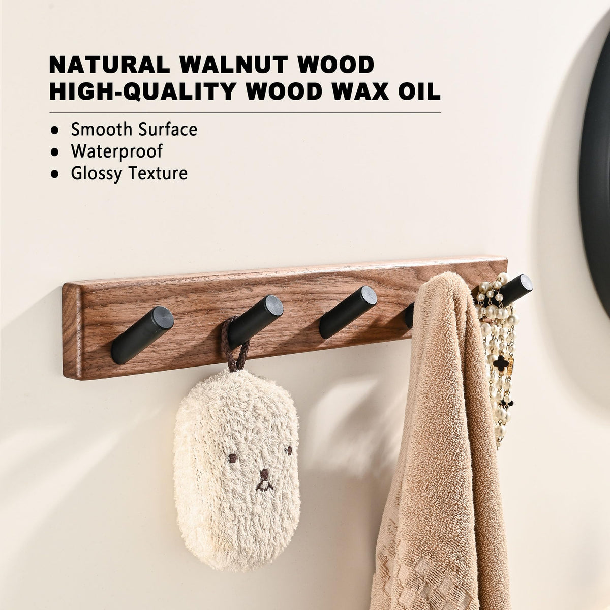 LECHYN 17.3" Small Wooden Coat Rack Wall Mounted with 5 Pegs Hooks, Entryway Wall Hooks Coat Hanger for Hanging Towel Jacket Clothes Hat Backpack Shoe Purse Key Holder Hook Rail by Black Walnut Wood