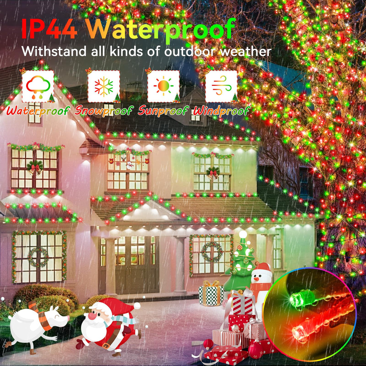 Hezbjiti 2 Pack 1000 LED 403 FT Christmas String Lights Outdoor, 8 Lighting Modes IP44 Waterproof Fairy Lights with Timer and Dimmable Function for Party Tree Decorations (Red+Green, Clear Wire)
