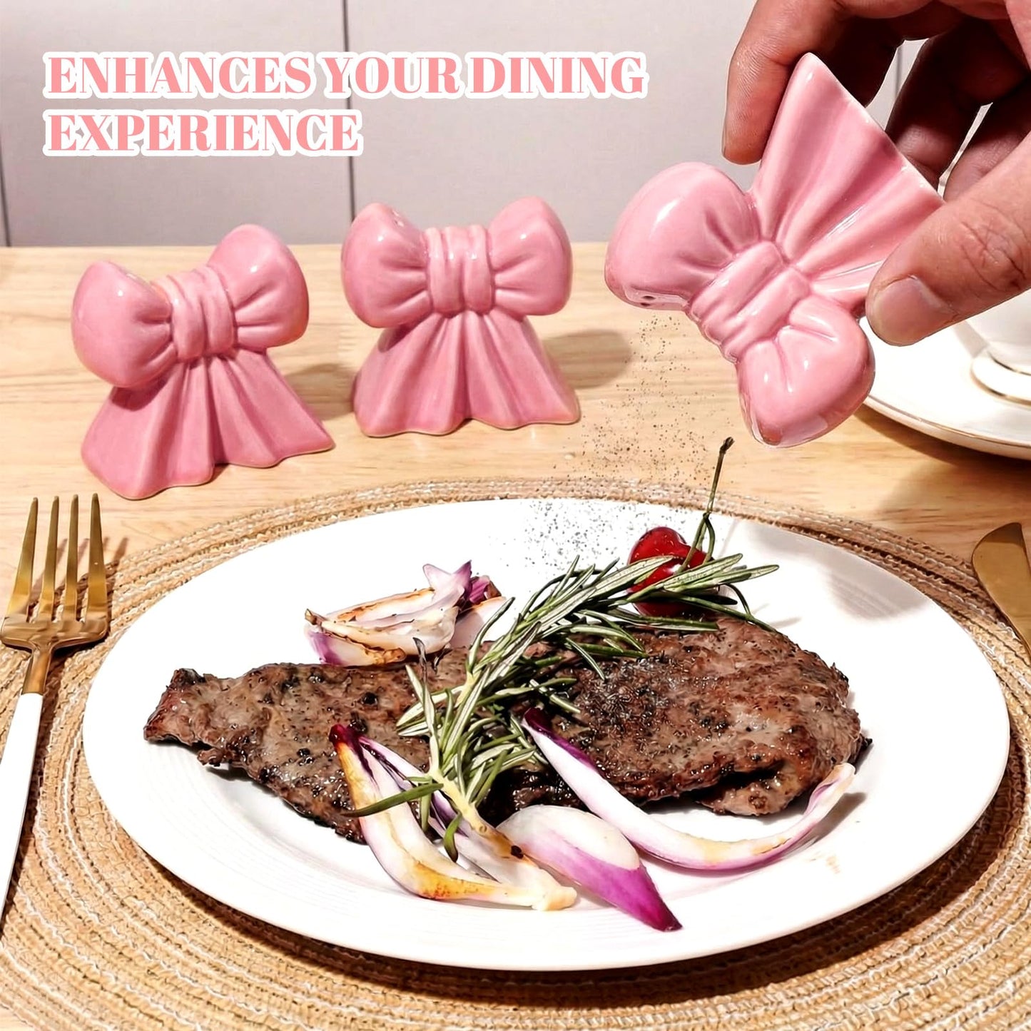 LemonRoad 2 Pcs Pink Bow Salt and Pepper Shakers Set Cute Bow Ceramic Decorative Salt and Pepper Shaker Set Coquettish Preppy Decor for Kitchen Dinner Table Party Funny Novelty Gift