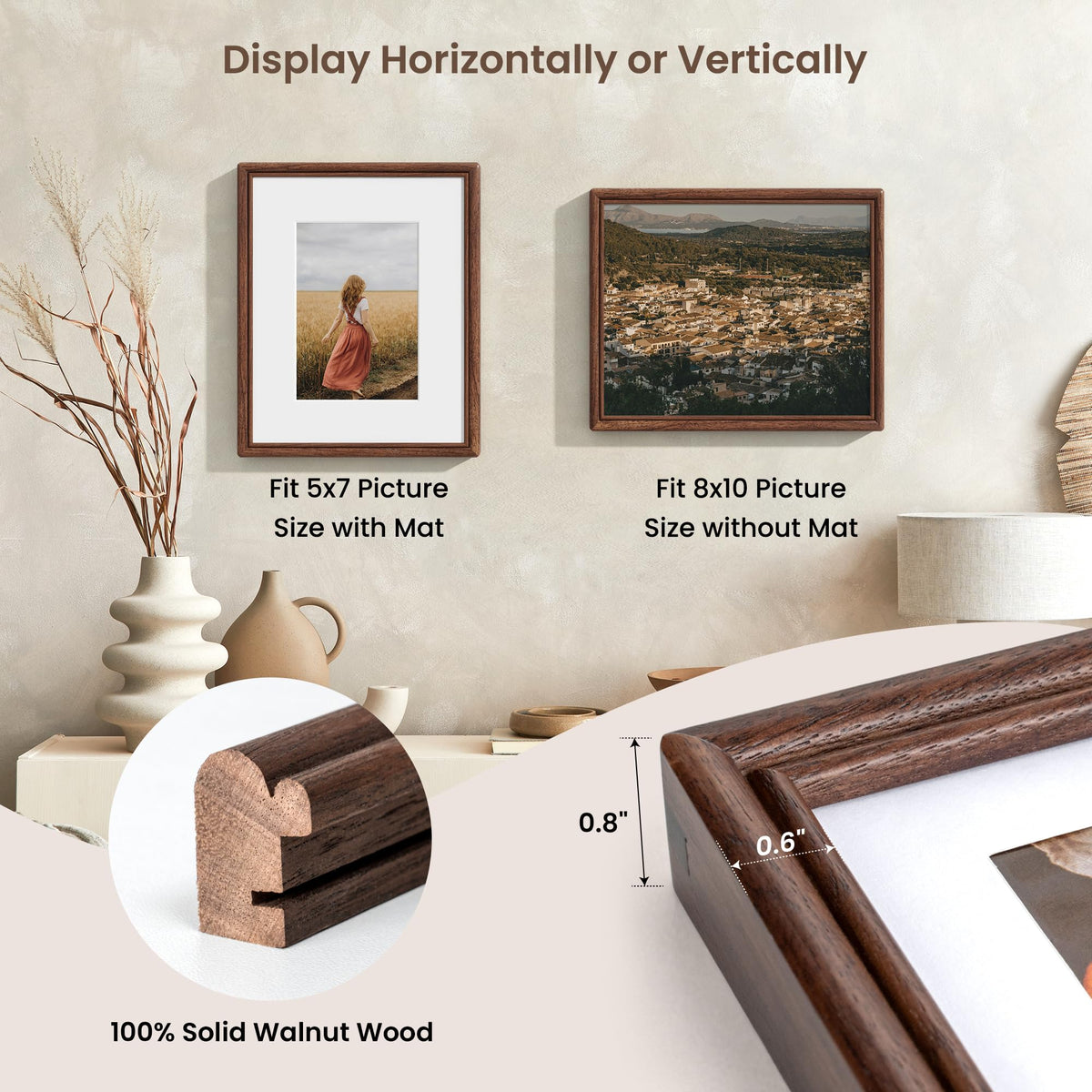 8x10 Picture Frame Set of 3, Natural Solid Walnut Wood Picture Frame with High Tempered Glass, Handcrafted Rounded Corner 8 by 10 Wooden Frame Matted to 5x7 Photo for Wall & Tabletop Display