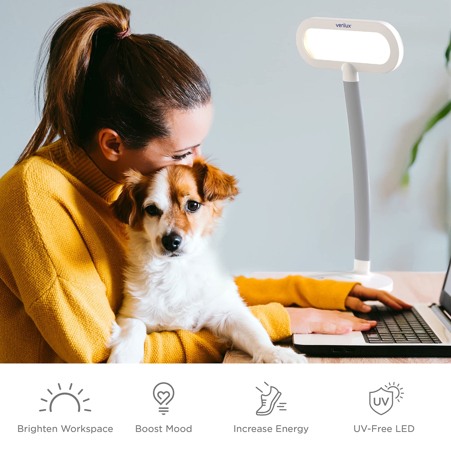 Verilux HappyLight Duo - 2-in-1 Light Therapy & Task Desk Lamp - UV-Free Full Spectrum LED, 10,000 LUX, Adjustable Brightness and Color, Flexible Gooseneck, and Integrated USB Charging Port