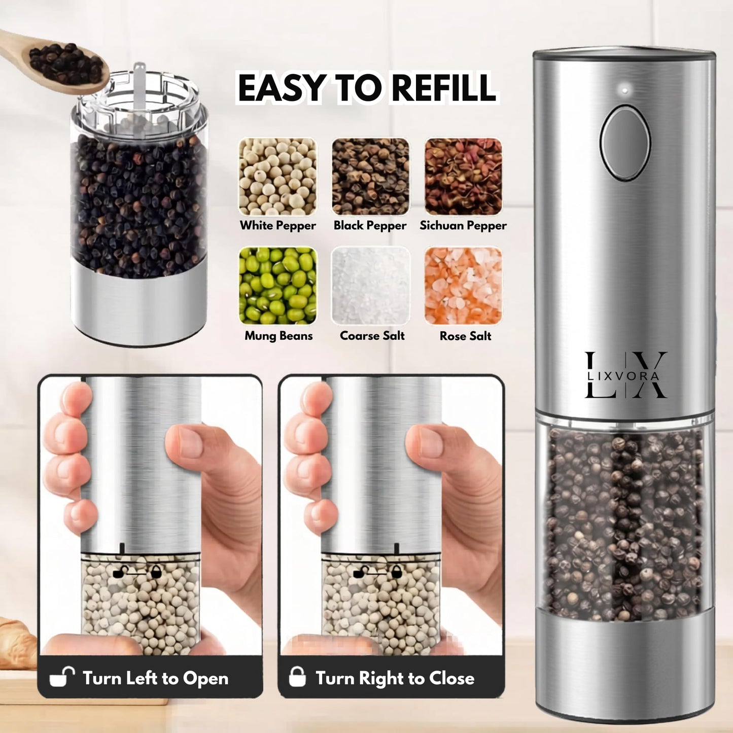 LIXVORA Electric Salt and Pepper Grinder Set, Rechargeable Salt and Pepper Grinders, Stainless Steel Automatic Pepper Mill, Adjustable Coarseness, LED Light, One-Hand Operation for Kitchen & Dining