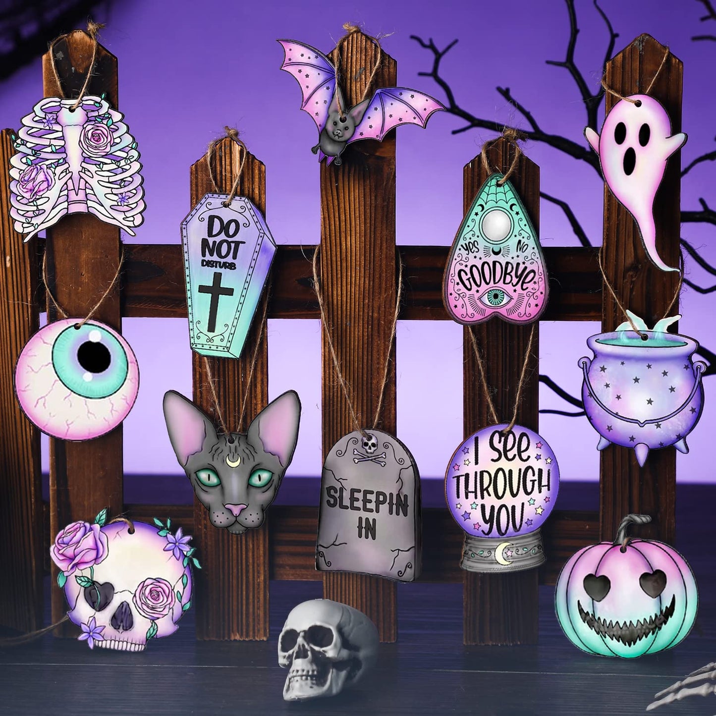 Maitys 36 Pcs Gothic Christmas Ornaments Wooden Horror Spooky Tree Ornaments Purple Pink Ghost Black Cat Skull Pumpkin Wood Cutouts with Rope Gothic Christmas Decor for Tree Home Wreath Party Gifts