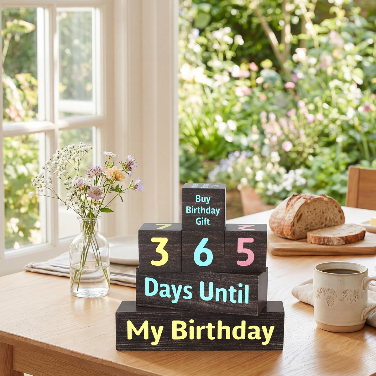 7 Pcs 365 Days Countdown Birthday Wooden Table Decor, Birthday Activities Decision Dice Rustic Table Centerpiece Decorations for Home Office