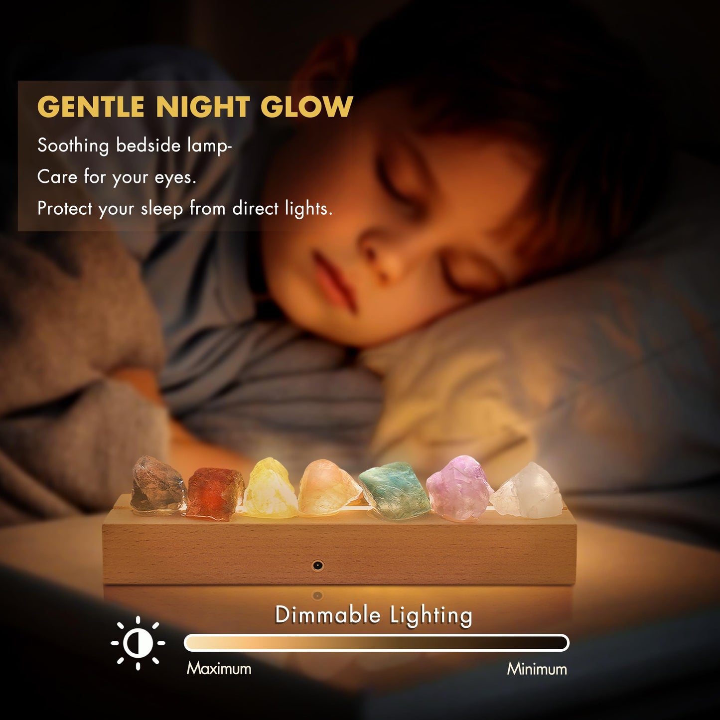 HYAMVOR Healing Crystal Night Light, 7 Chakra Natural Bedside Lamp with Wooden LED Light Base, Healing Stones Positive Energy Night Lights for Home Decor Gifts (Rechargeable)