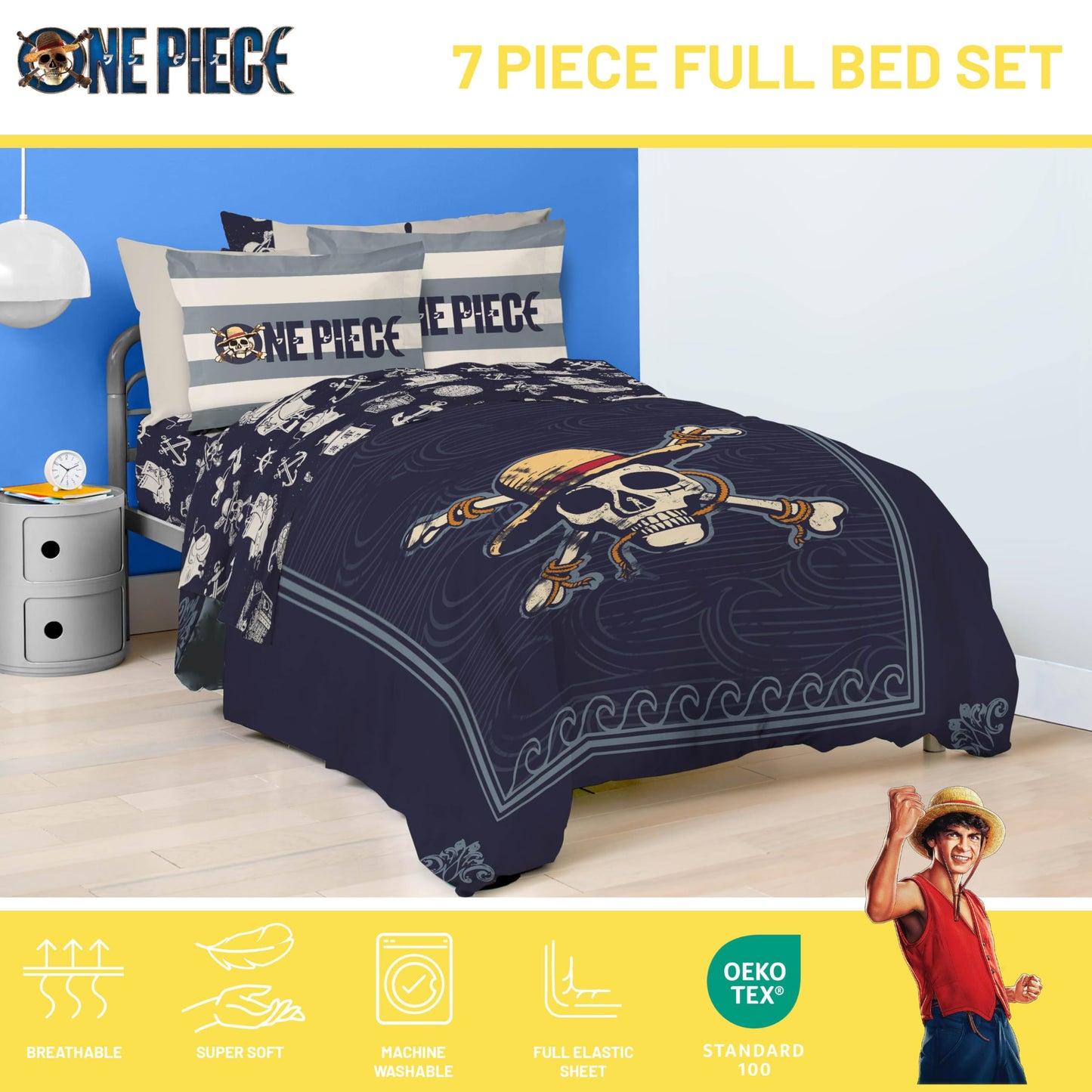 Jay Franco One Piece Full Size Comforter Set - 7 Piece Blue Bedding Includes Sheet Set & Pillow Covers - Super Soft Anime Bedding with Skull and Bones