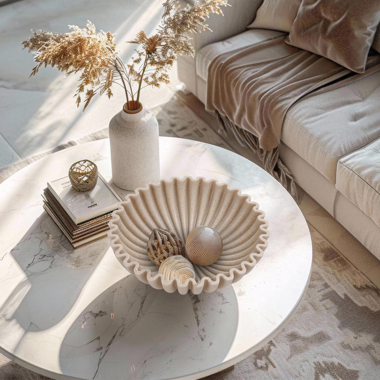 YMXYJM Large Decorative Bowl, Modern Handicraft Bowls for Home Decor, Fruit Bowl for Kitchen Counter, Ruffle Decor, Stylish Key Bowl for Entry Table, Artificial Stone Beige