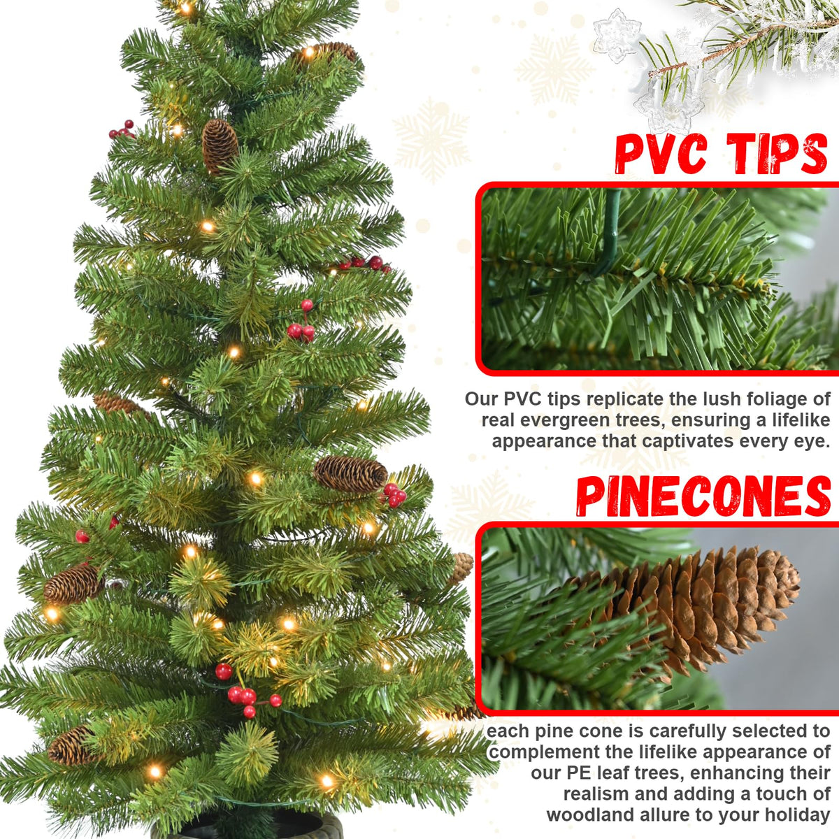 Maylaviu 4FT Artificial Potted Christmas Tree with Lights, Pre-lit Mini Christmas Tree with 50 LED Lights, Small Fake Spruce Tree with 140 Branch Tips, Pine Cones&Red Berries, Battery Operated