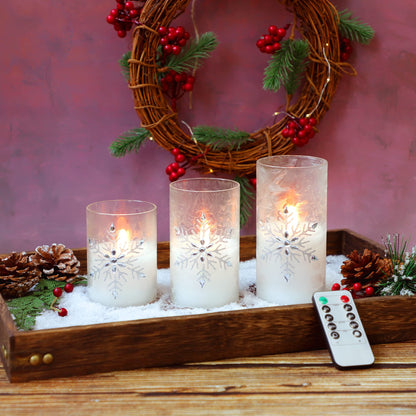 Crystal Club Christmas Flameless Candles, Battery Powered LED Real Wax Candles, Holiday Glass Flickering Candles with Beads and Snowflake Design for Xmas Tree, Home Mantel, Bedroom Decor, Set of 3