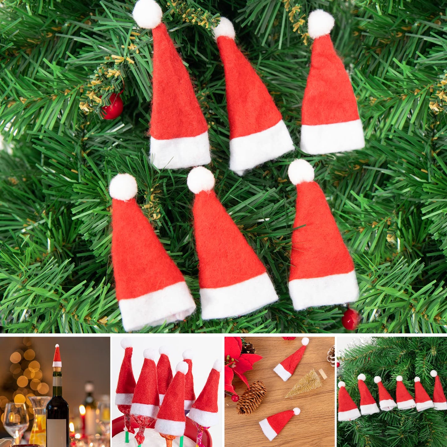 Biubee 36 Pcs Mini Santa Hats- Christmas Lollipop Hat for Crafts- Mini Santa Claus Hat Wine Bottles Cover for Christmas Silverware Holders Table Dinner Decorations