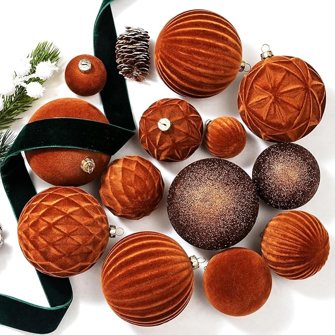 36Pcs Shatterproof Velvet Brown Christmas Ball Ornaments Set - 5 Styles in 3 Sizes (Small Medium Large) for Xmas Tree Decor, 2025 Festive Holiday Christmas Tree Decorations