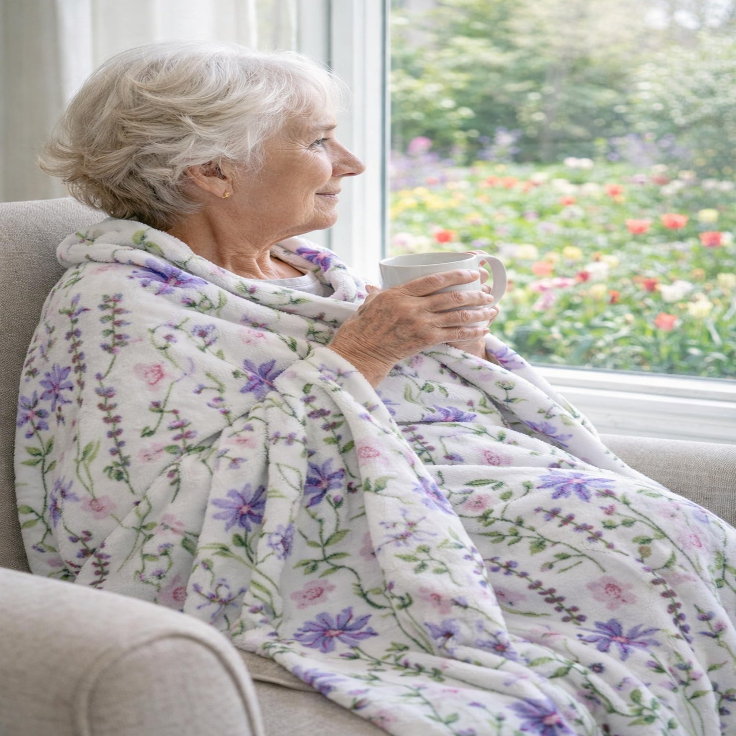 Serafina Home Spring Velvet Fleece Floral Throw Blanket: Wild Flowers of Pink Purple Green on a Colorful Soft Cozy White Design, Oversized 50" x 70"