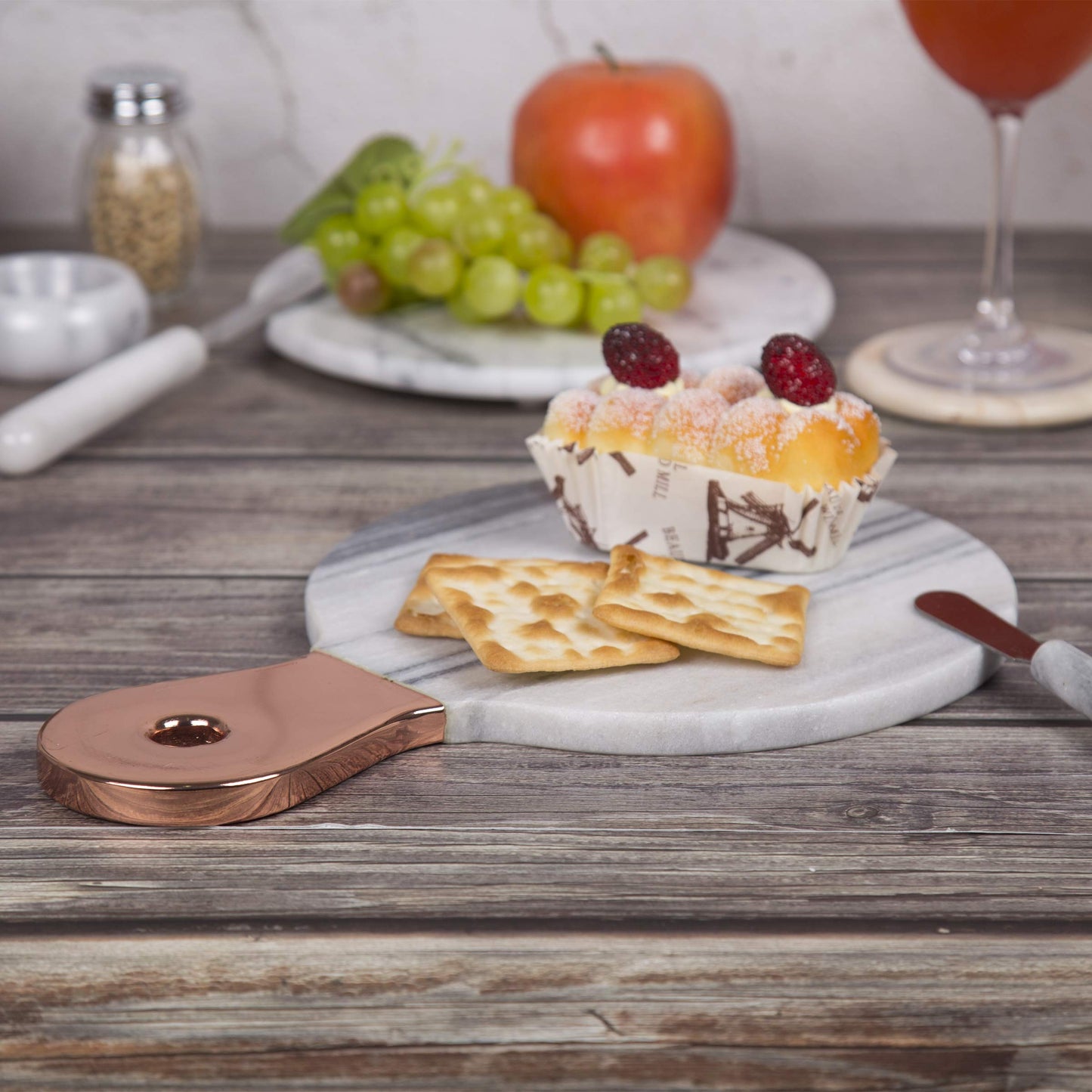 Creative Home Natural Marble Cheese Serving Paddle Board Charcuterie Board Party Serving Platter with Stainless Steel Copper Trim Handle for Kitchen Dining Room, 12.2" x 8" x 0.5" H, Grey (Off-White)