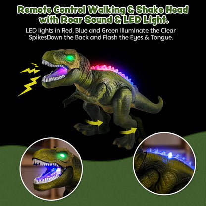 JOYIN LED Light Up Remote Control Dinosaur Walking and Roaring Realistic T-Rex Dinosaur Toys with Glowing Eyes, Walking Movement, Shaking Head For Toddlers Boys Girls