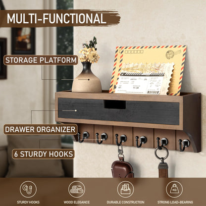 Rebee Vision Pine Wood Key Holder Wall Mount with Drawer Organizer – Decorative Mail Organizer with 6 Key hooks and Wall Shelf - Modern Room Decor for Entryway or Living Room (Brown & Black)