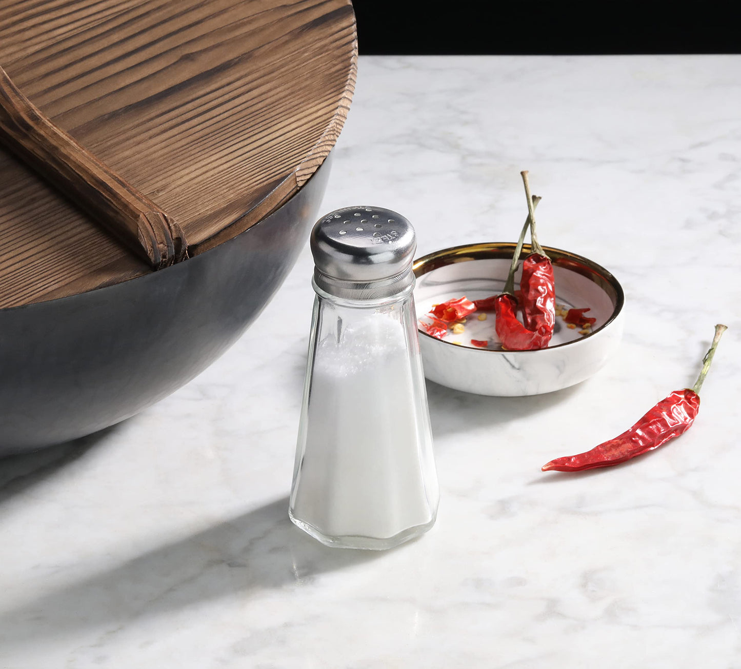 New Star Foodservice Glass Salt and Pepper Shaker with Stainless Steel Mushroom Top, 3-Ounce, Set of 12