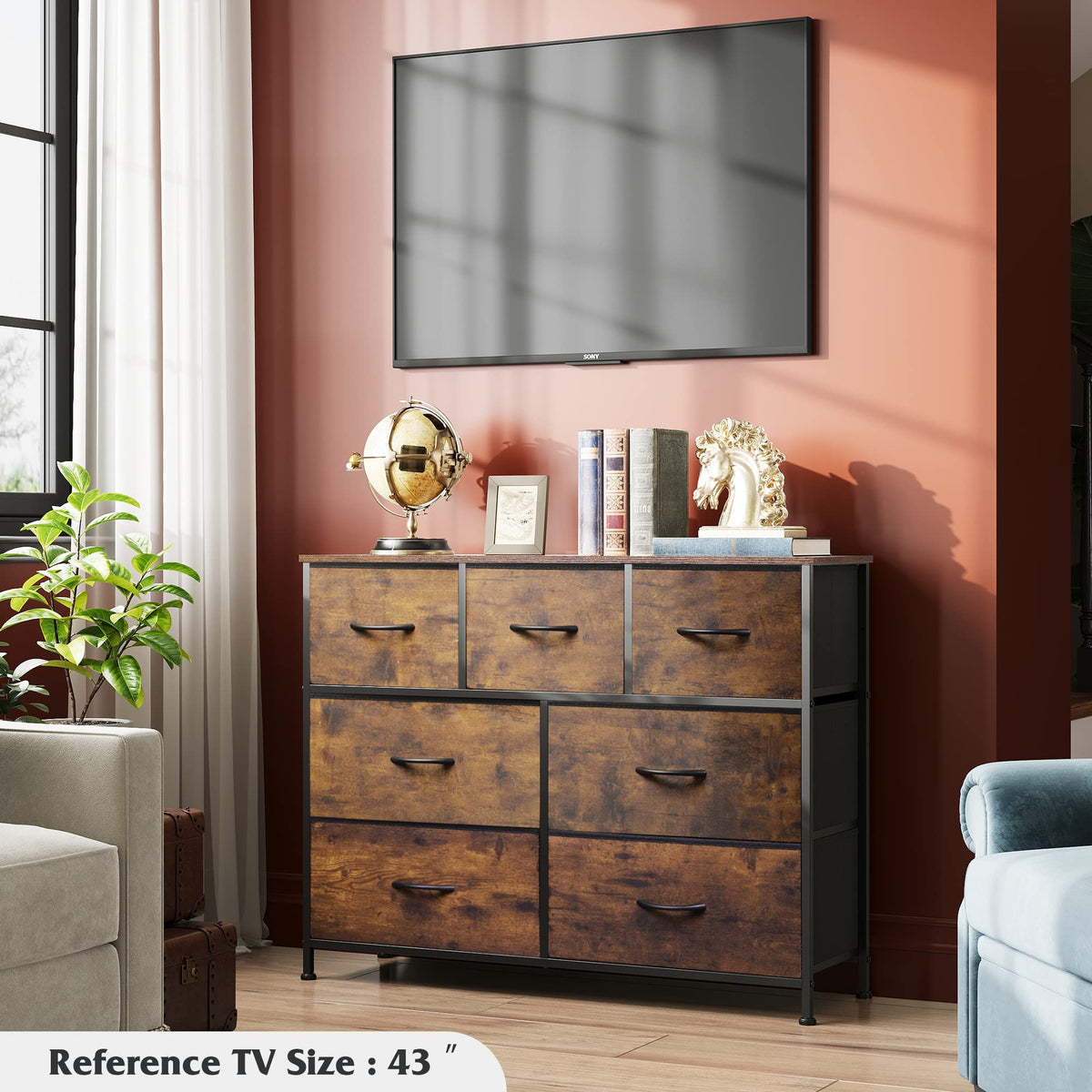 WLIVE 7 Drawer Dresser TV Stand, Entertainment Center, Media Console Table with Metal Frame and Wood Top for TV up to 45 inch, Chest of Drawers for Bedroom, Living Room, Rustic Brown Wood Grain Print