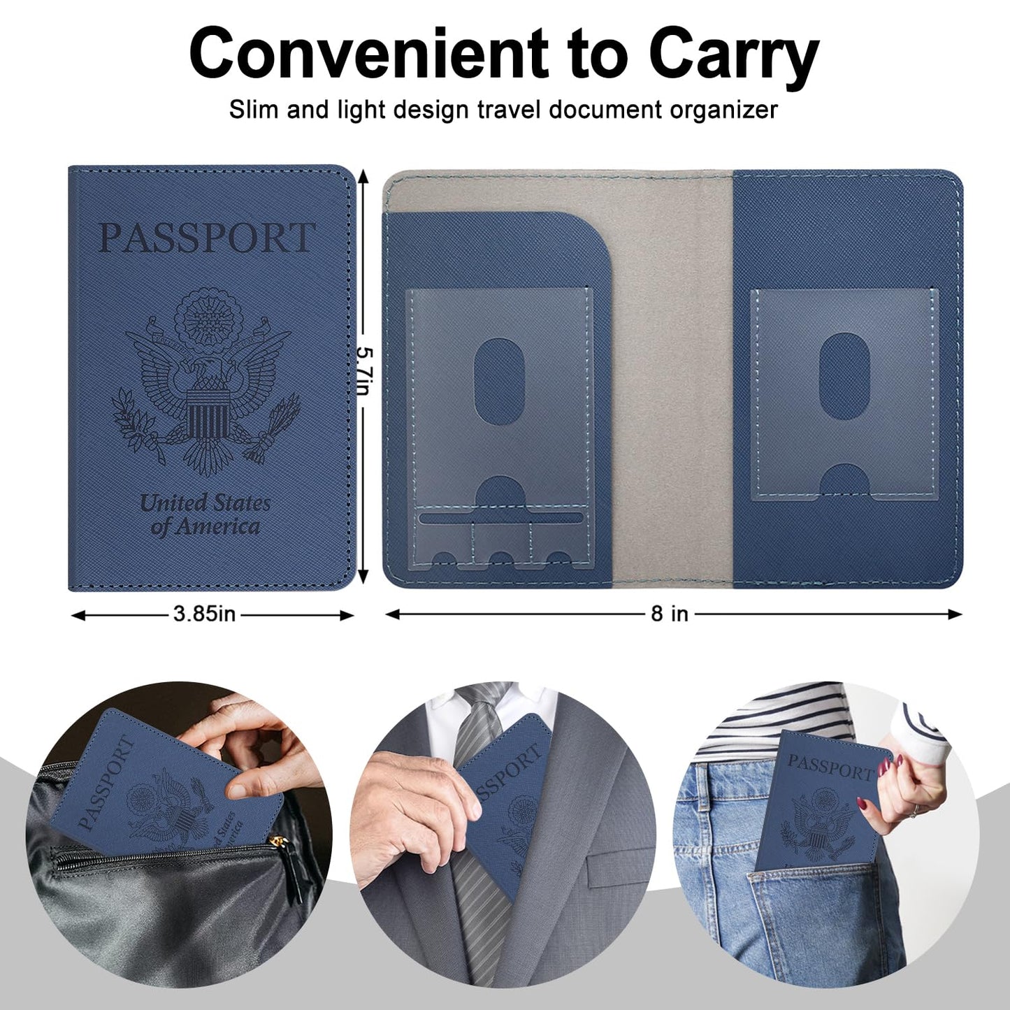 RSAquar Passport Holder for Women and Men, Premium PU Leather Travel Passport Wallet RFID Blocking Passport Cover Travel Documents Organizer (JD-Blue)