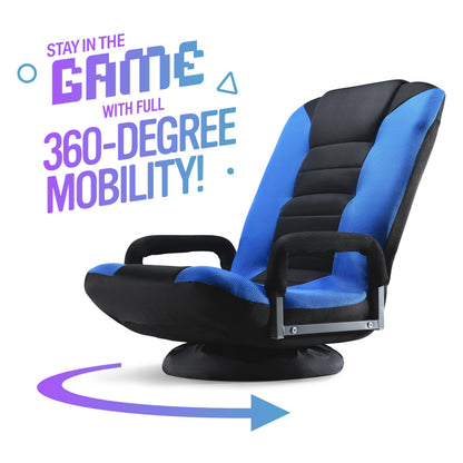 Maple99 Swivel Gaming Floor Chair - Enjoy 6 Different Positions, Adjustable Lumbar Support, Removable Polyester Cover & Arm Rests, Folds to Store, Stylish Blue with Black Center Stripe