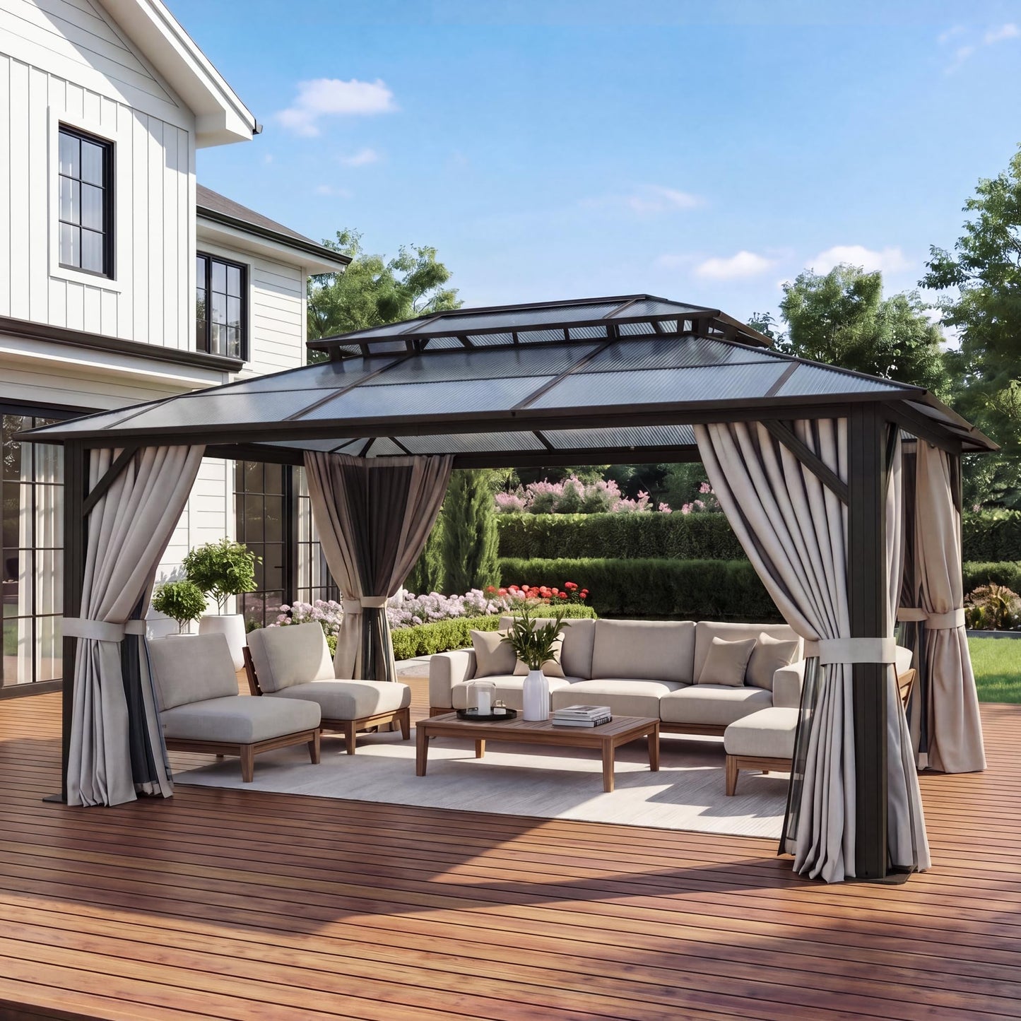 Breezestival 12’x14’ Hardtop Gazebo with Double Polycarbonate Roof Outdoor Metal Gazebo Sturdy Aluminum Frame & Removable Curtains, Netting Permanent Pavilion Pergola for Garden,Patio,Lawn (Gray)